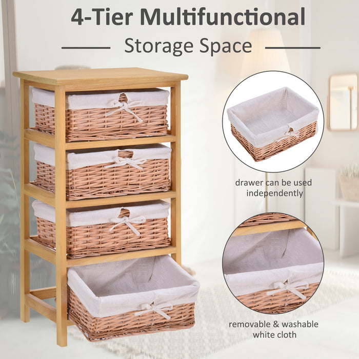 Wooden 4-Drawer Dresser with Wicker Baskets - Storage Shelf Unit for Home and Office Organization, Natural Finish, 73x40 cm - Ideal Cabinet for Bedroom Clutter Reduction