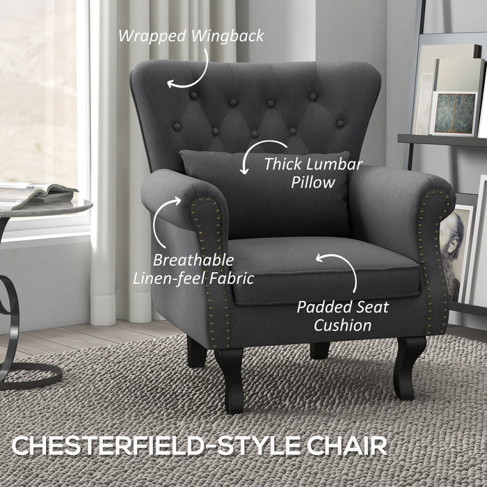 Chesterfield-Style Wingback Chair - Tufted, Nailhead-Trimmed Armchair with Pillow in Dark Grey - Elegant Seating Solution for Living Room and Bedroom