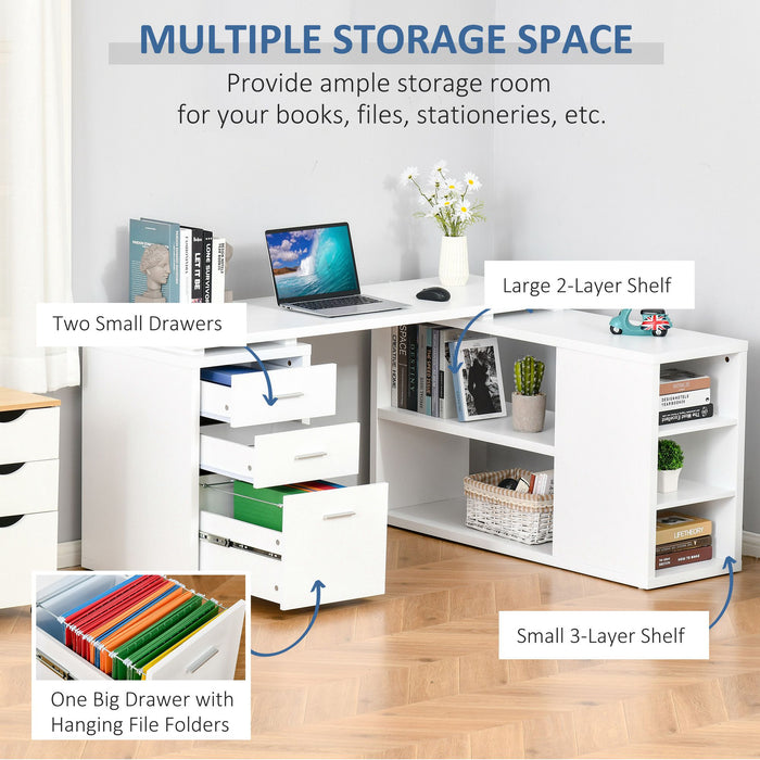 L-Shaped Workstation - Multifunctional White Corner Desk with Storage Shelves & Drawers - Ideal for Home Office and Study Area