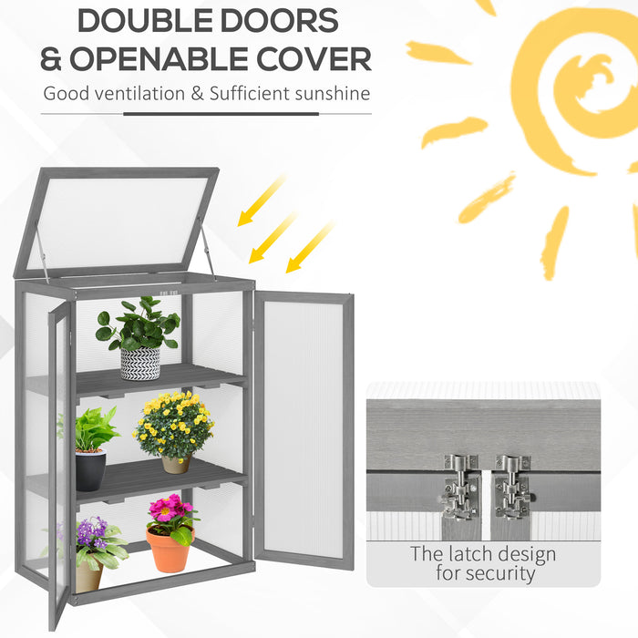 3-Tier Wooden Cold Frame Greenhouse - Polycarbonate Panel Grow House with Adjustable Storage Shelf, 76x47x110cm - Ideal for Gardeners and Plant Protection