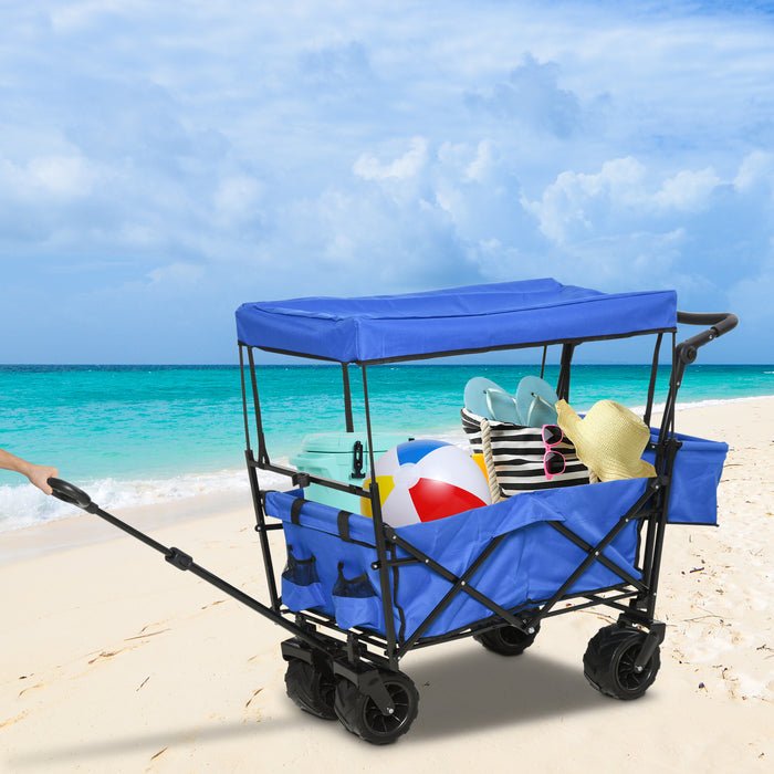 Outdoor Adventure Utility Cart - Foldable Trolley with 4-Wheel Stability, Overhead Canopy & Pull Handle - Ideal for Beach Trips, Shopping, and Gardening in Blue