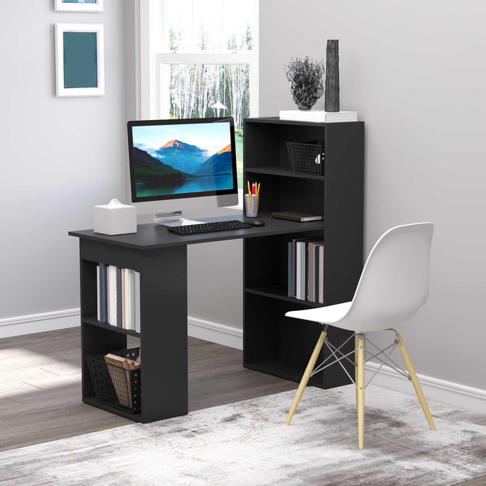 Modern 120cm Computer Desk with Bookshelf - Convenient Workstation for Writing, PC and Laptop Use, Study - Home Office Design with 6 Storage Shelves, Black