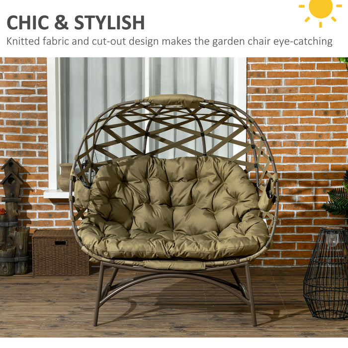 Egg-Shaped Folding Wicker Loveseat for Patio - Comfy 2-Person Garden Chair with Cushions and Cup Holders - Ideal for Outdoor Leisure in Khaki