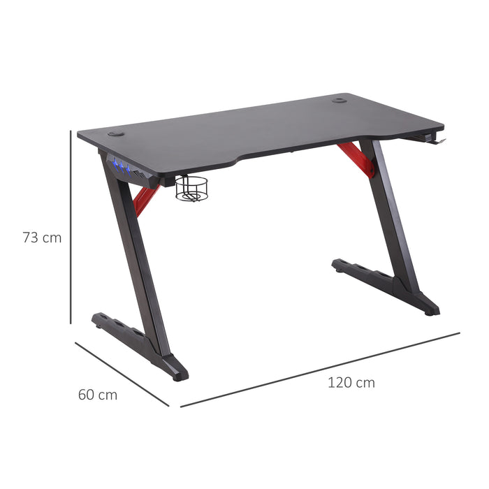 Gaming Desk with LED Ambiance - Z-Shaped Workstation with Built-in Cup Holder and Headphone Hook - Perfect for Home Office and Gaming Enthusiasts