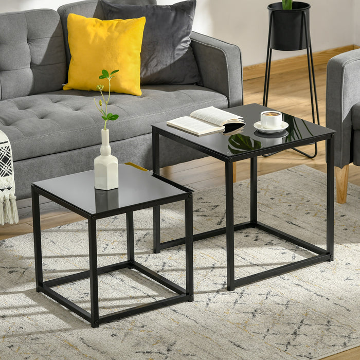 Modern Nesting Side Table Duo - Tempered Glass Top with Sleek Black Frame - Versatile Accent Tables for Living Room, Bedroom, or Office