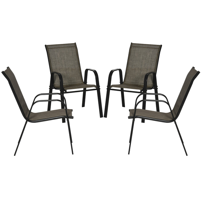 Outdoor Garden Dining Chair Set - 4 Piece Stackable High Backrest with Armrests & Breathable Mesh Fabric in Mixed Brown - Comfortable Patio Seating for Dining & Relaxation