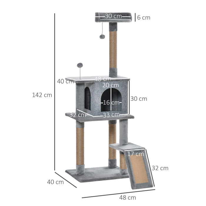 Cat Tree Tower 142cm - Climbing Kitten Activity Center with Scratching Post, Perch, Roomy Condo & Hanging Toy - Ideal for Playful Cats and Scratch Training