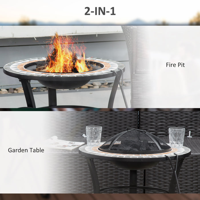 Outdoor Mosaic Fire Pit Table 60cm - Spark Screen Cover, Round Design, Fire Poker Included - Ideal for Garden Bonfire Gatherings