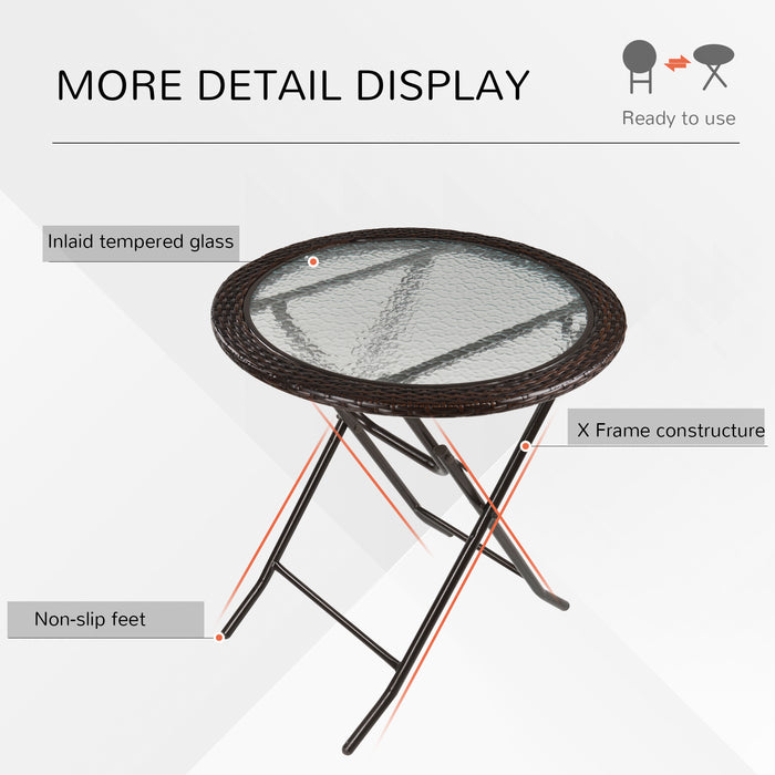 Folding Tempered Glass Table with Metal Frame and Rattan Trim - Round Outdoor Dining and Patio Furniture - Ideal for Garden, Balcony, and Deck Entertaining