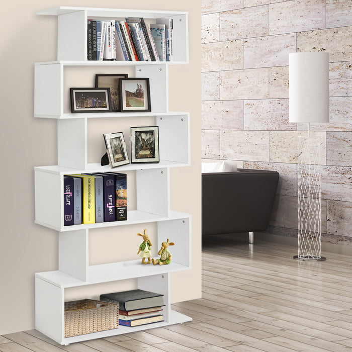 6-Tier S-Shaped Wooden Bookshelf - Open Concept Display & Storage Unit, White Finish - Ideal for Home Office and Living Room Organization