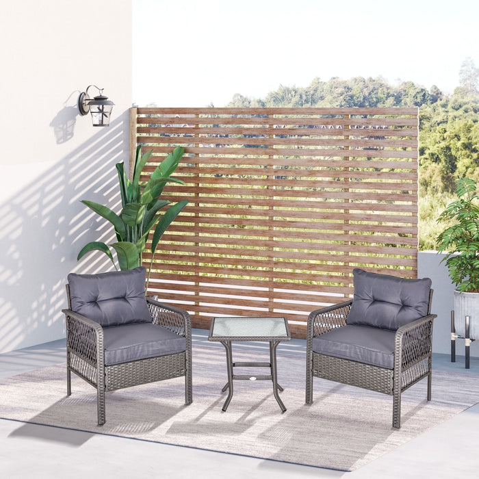 Outdoor Rattan Bistro Set - 2-Seater PE Wicker Patio Furniture with Coffee Table and Cushioned Armrest Chairs, Grey - Ideal for Garden and Balcony Conversations