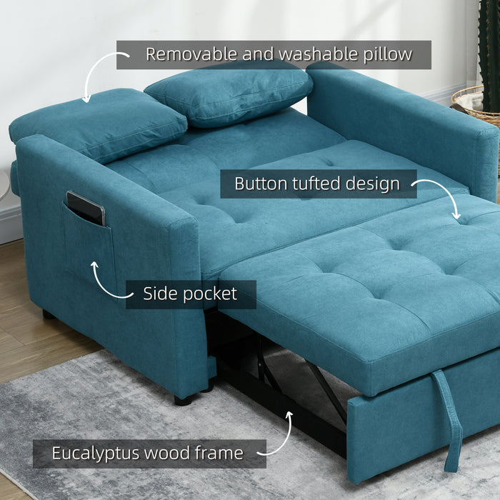 Convertible Loveseat Sofa Bed with Side Pockets - Blue 2-Cushion Settee Sleeper Couch - Space-Saving Furniture for Living Room