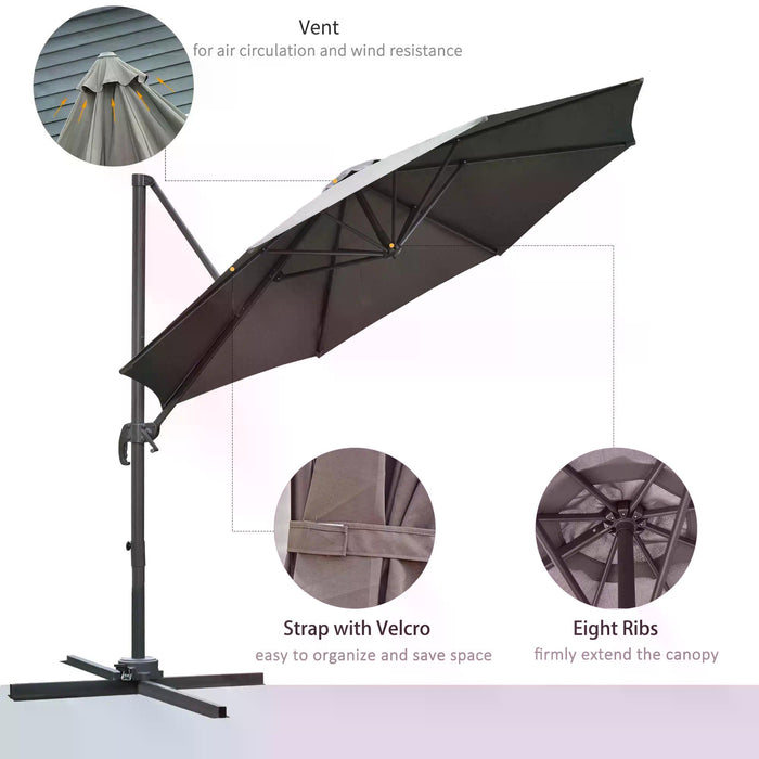 Roma Umbrella 3m Cantilever - Patio Offset Parasol, Hanging Sun Shade Canopy with 360° Rotation and Cross Base - Ideal for Outdoor Comfort in Dark Grey