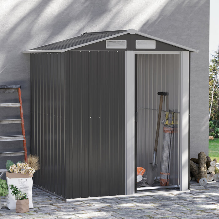 Metal Garden Storage Shed 5x4 ft - Sliding Door, Sloped Roof, and Floor Foundation for Outdoor Tool Organization - Ideal for Backyard, Patio, Grey