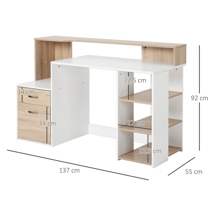 Modern Oak and White Computer Desk - Home Office Writing Workstation with Printer Shelf, Storage Drawer & Shelves - Ideal for Remote Work and Study Spaces