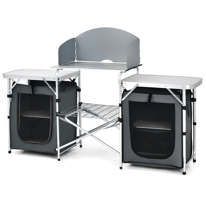 Aluminium Folding Table - 2-in-1 Design with Convenient Windshield in Black - Perfect for Outdoor Activities and Camping Enthusiasts