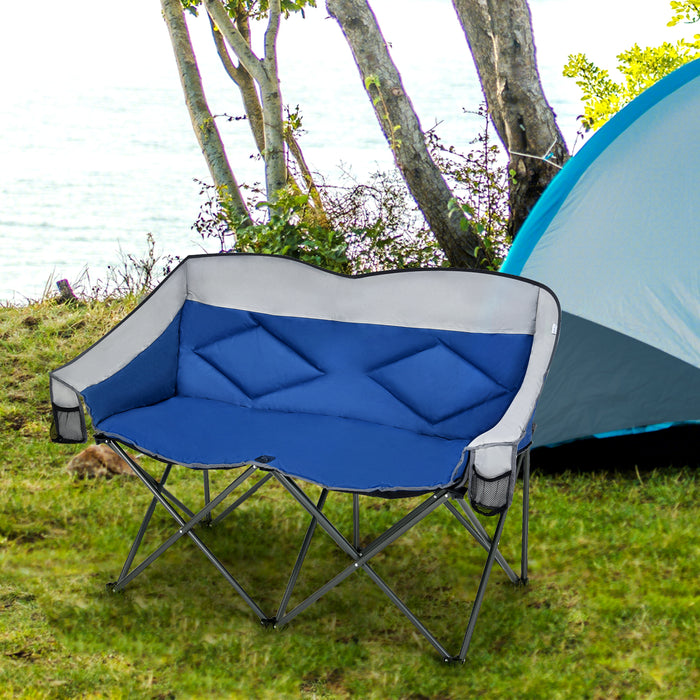 Double Folding Camping Chair - Padded Seat with Storage Pockets in Blue - Ideal for Outdoor Activities and Camping Trips