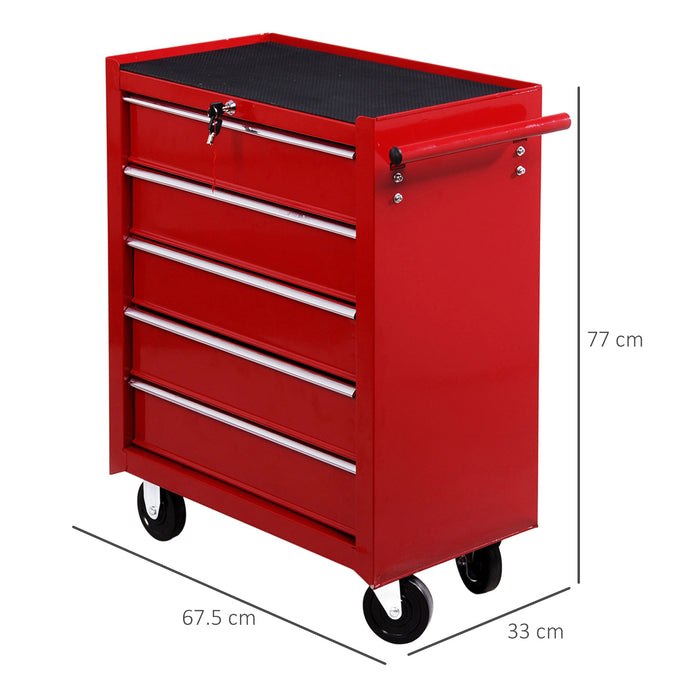 5-Drawer Rolling Tool Chest - Lockable Steel Cart with Wheels and Side Handle for Workshop & Garage Storage - Ideal for Mechanics and DIY Enthusiasts