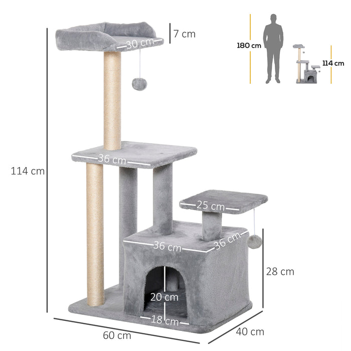 Cat Tree Tower 114cm - Climbing Activity Centre with Sisal Scratching Posts, Perches, and Hanging Ball - Ideal for Kittens and Small Cats's Play and Exercise