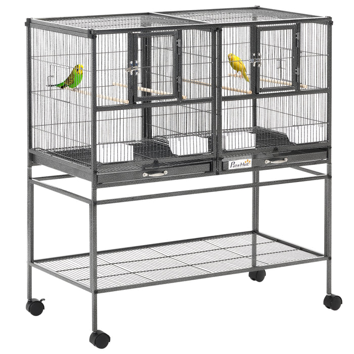 Deluxe Double Rolling Metal Parrot Cage - Includes Removable Tray, Storage, Wooden Perch & Food Holder - Ideal for Avian Pets & Bird Care Enthusiasts