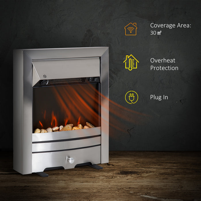 2KW Electric Fireplace with Pebble Burning Effect - LED Flame Illusion Indoor Heater Stove in Stainless Steel - Cozy Warmth for Home Ambiance and Comfort