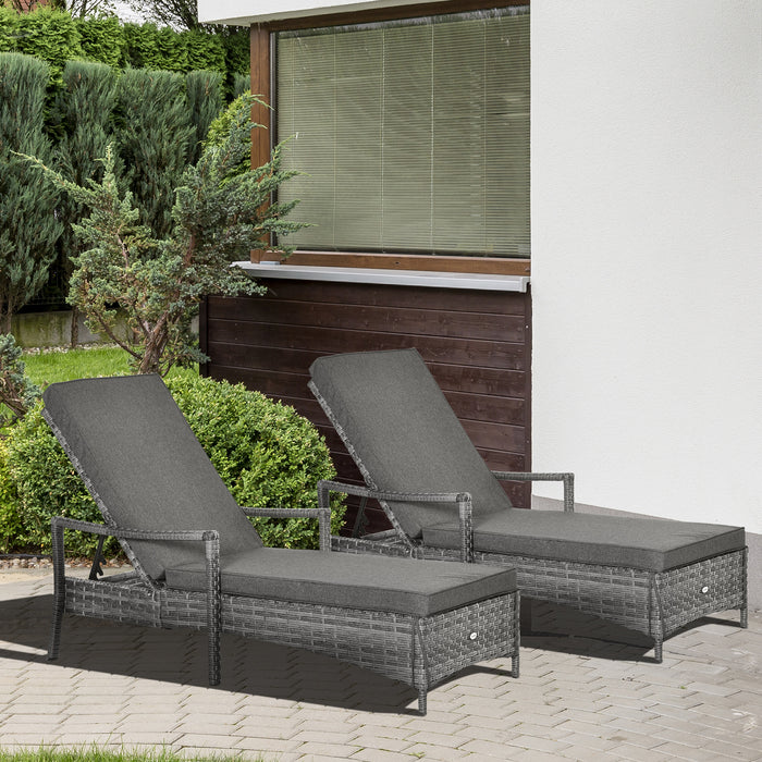 PE Rattan Sun Lounger Set of 2 with Cushions - Outdoor Garden Furniture with 4-Level Adjustable Backrest and Armrests, Grey - Ideal for Patio Relaxation and Sunbathing