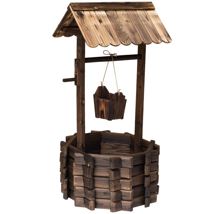 Rustic Wooden Wishing Well Planter - Outdoor Flower Pot with Functional Bucket for Garden Decor - Ideal for Backyard Beautification and Plant Display