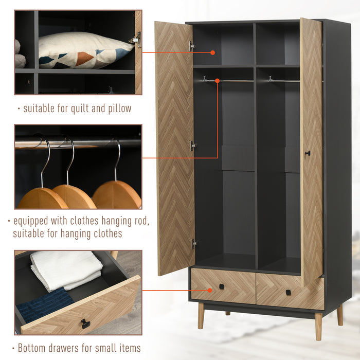 Modern Wood Grain Wardrobe with Storage - Cabinet Sticker Finish, Shelving, Hanging Rod, Dual Drawers - Spatial Solution for Clothes & Accessories, 90x50x190 cm