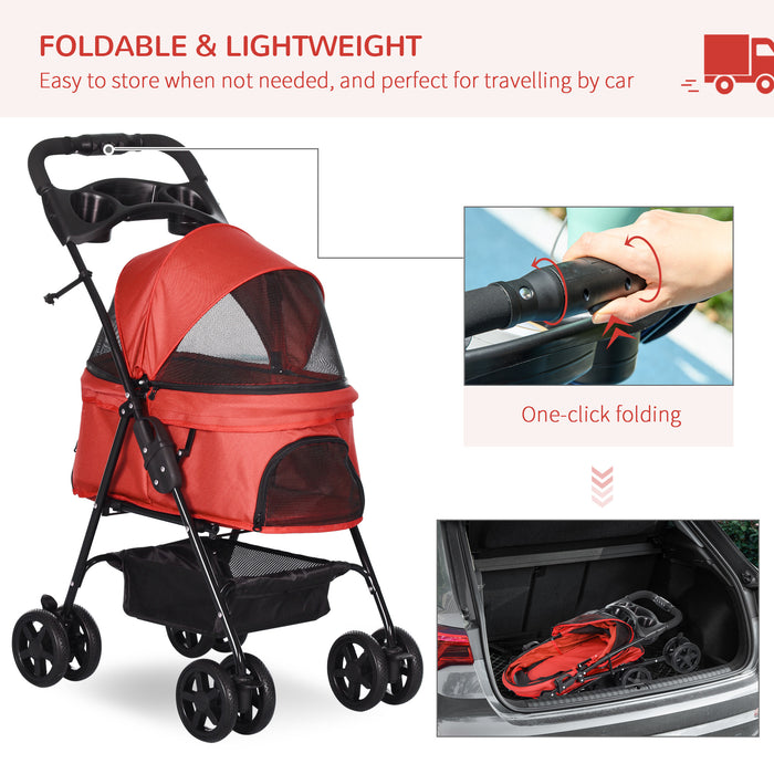 Foldable Dog Stroller with Waterproof Rain Cover - Easy One-Click Folding Pushchair, EVA Wheels, Brake System, Storage Basket, and Adjustable Canopy - Ideal for Safe, Comfortable Pet Transportation