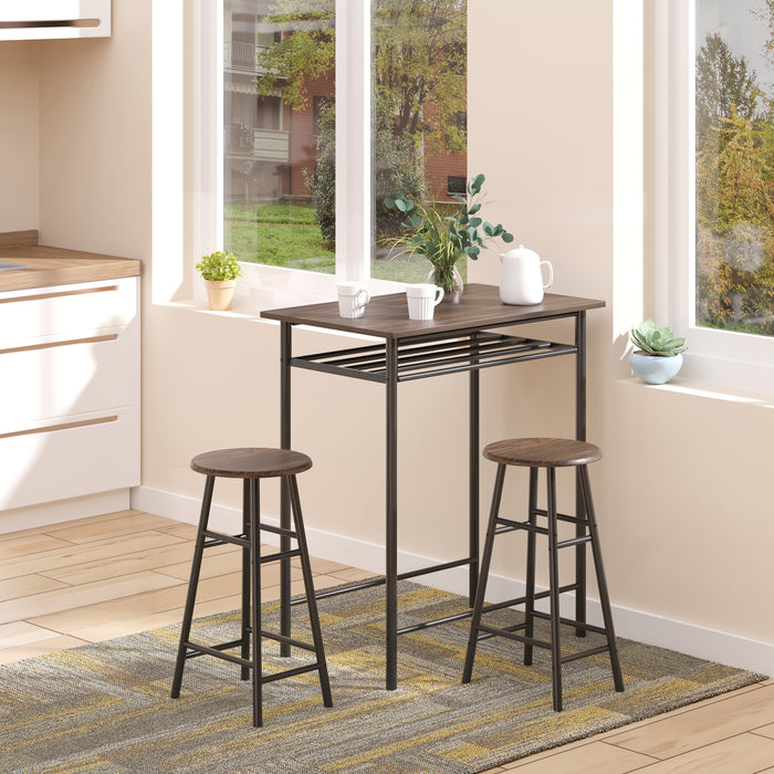 Bar Table and Stools Combo - Industrial Style Set with Storage Shelf and Metal Frame Footrest - Perfect for Kitchen, Dining Room, Pub, or Cafe Spaces in Black and Oak