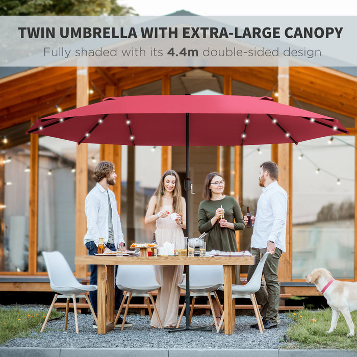 Double-Sided 4.4m Solar LED Outdoor Umbrella - Wine Red Sun Shade Parasol for Garden and Patio - Ideal for Day/Night Relaxation, Base Not Included