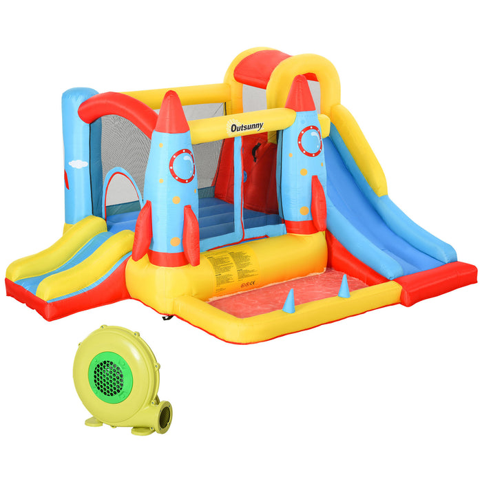 Kids 3-in-1 Bounce Castle with Rocket Design - Inflatable Trampoline, Slide, and Water Pool - Fun and Safe Play Area for Ages 3-10, Includes Blower, 3.3 x 2.65 x 1.85m