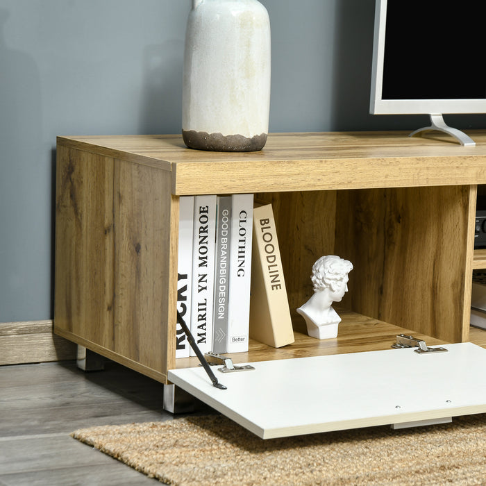 Modern 90-Inch TV Stand - Oak and White Entertainment Center with Storage Drawer and Shelving - Ideal for Living Room and Bedroom Media Organization