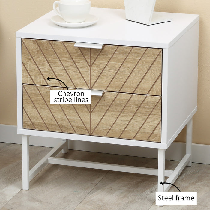 Modern White & Oak Bedside Table with 2 Drawers - Sturdy Metal Frame Sofa Side Table for Bedroom & Living Room - Elegant Storage Solution for Contemporary Home Decor