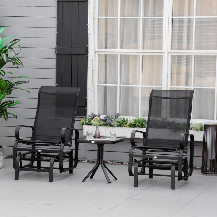 Outdoor Patio Glider Rocking Chairs with Tea Table - 3-Piece Comfortable Swinging Chair Set, Black - Ideal for Garden Relaxation and Socializing
