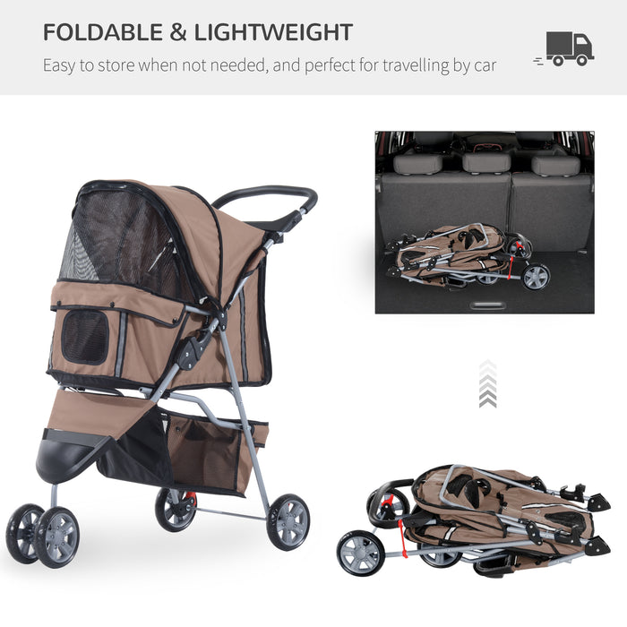 Pet Travel Stroller with Three Wheels - Convenient Dog Pushchair in Coffee Color - Ideal for Pet Transportation and Comfort on the Go