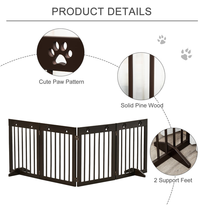 Freestanding 4-Panel Wooden Pet Gate - Adjustable Folding Safety Fence with Sturdy Support Feet, 204cm Wide and 61cm Tall - Ideal for Doorways and Stairs, Pet Owners, Brown