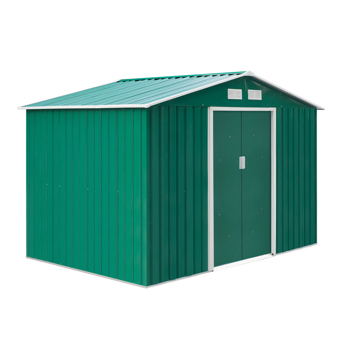 Large Metal Garden Shed with Lock - 9x6 FT Outdoor Patio Tool Storage Building with Foundation - Secure Green Shed for Garden Equipment and Furniture