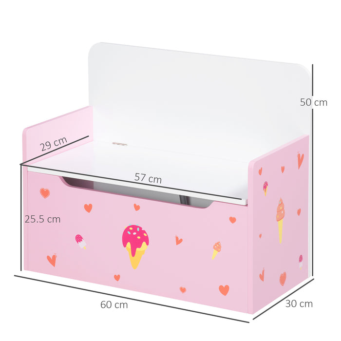 Wooden Toy Box with Safety Pneumatic Rod - Kid-Friendly Storage Bench and Toy Chest with Cute Pink Pattern - Ideal for Organizing Children's Toys and Seating