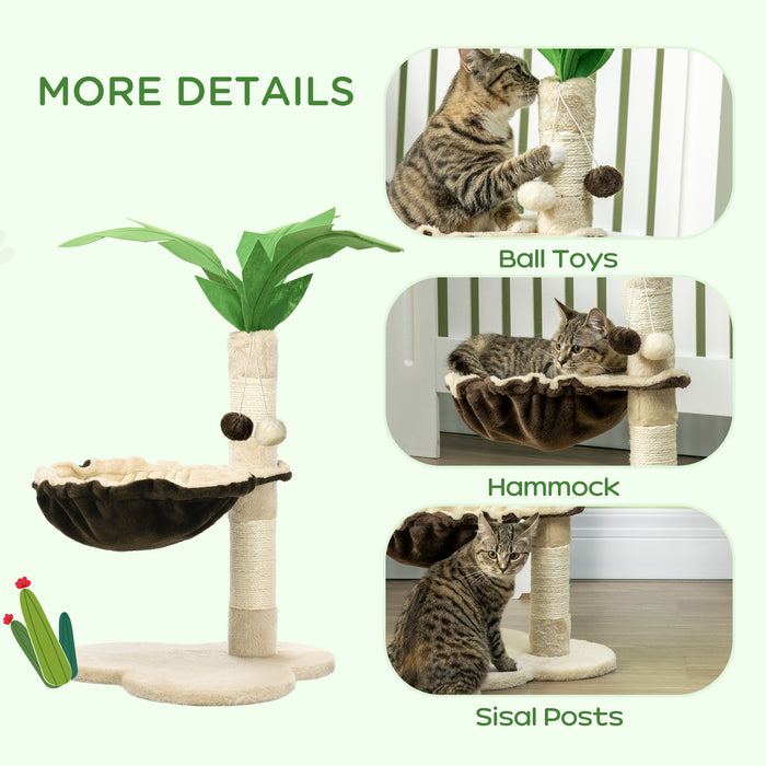 Coconut Tree Design Cat Tower - 68cm Beige Kitty Activity Center with Hammock & Sisal Scratching Post - Ideal for Playful Cats and Scratching Training