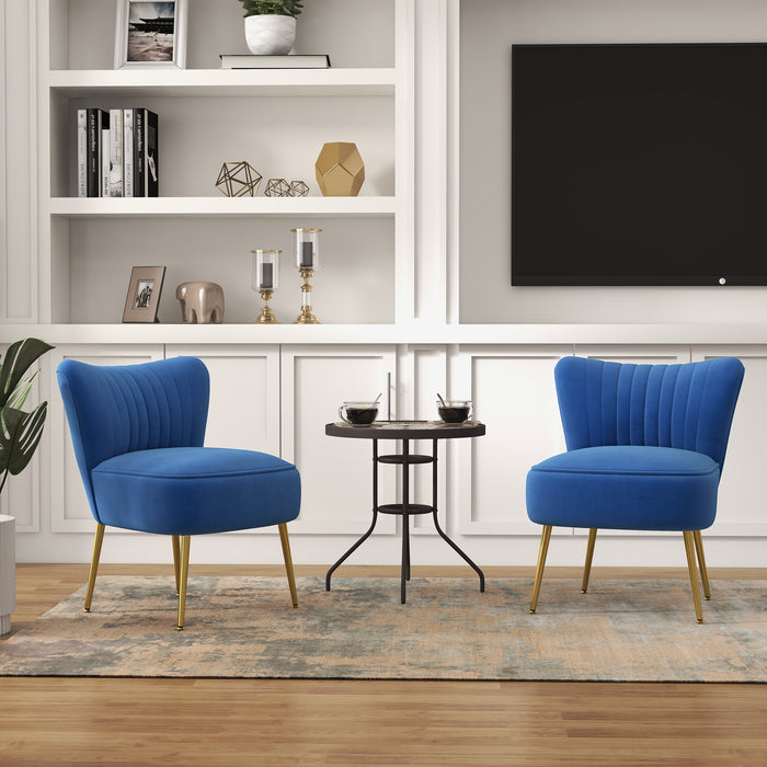 Elegant Dark Blue Accent Chair Duo - Upholstered Wingback Armless Design with Shiny Gold Steel Legs - Stylish Seating for Contemporary Living Spaces