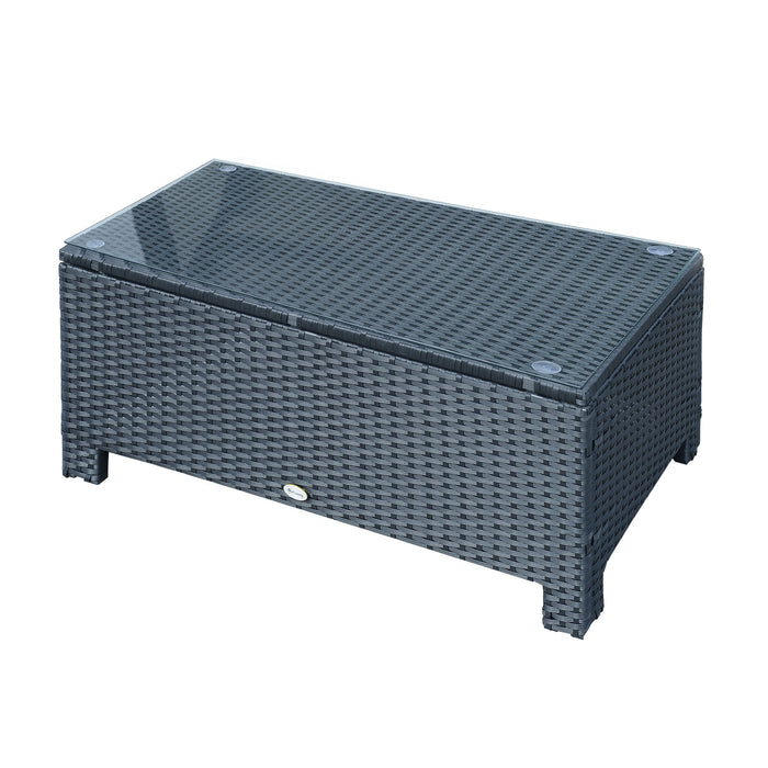 Rattan-Styled Patio Coffee Table - Iron-Framed with Tempered Glass Top, Black Finish - Ideal for Outdoor Entertaining and Relaxation