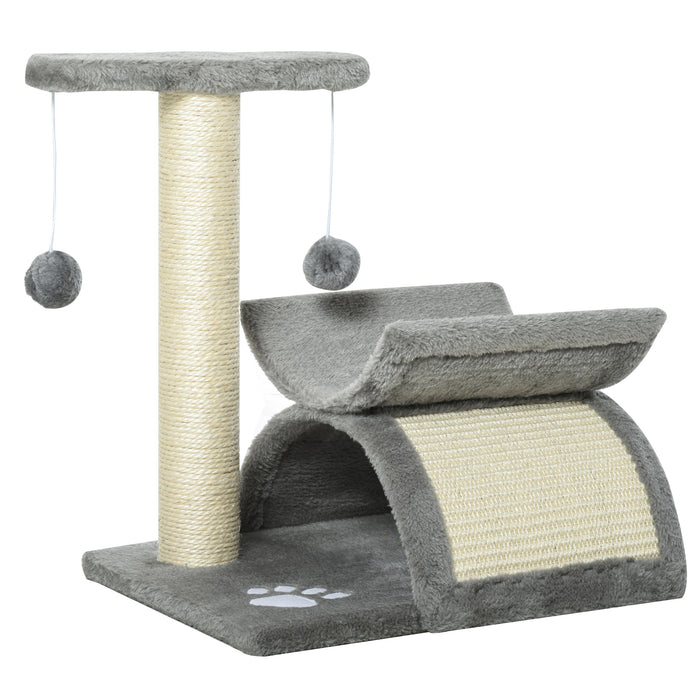 Cat Tree Playground with Sisal Scratching Post - Multi-Level Tower with Rotatable Bar, Tunnel & Dangling Toys for Kittens - Compact Grey Cat Condo for Play & Rest