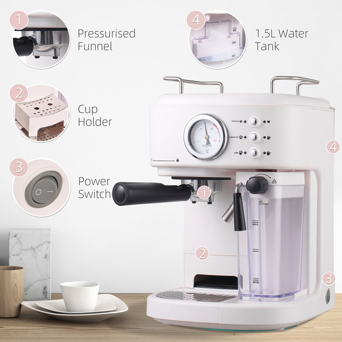 5 Pc Coffee Machine with Espresso, Cappuccino & Latte Options - Includes Milk Frothing Steamer, 1.5L Water Tank, 1250W - Perfect for Home Baristas & Coffee Lovers