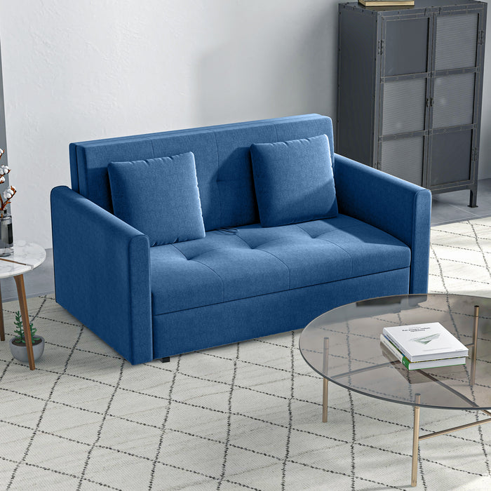 Convertible Fabric Loveseat Sofa Bed with Cushions - 2-Seater Settee with Hidden Storage, Modern Design - Ideal for Guest Room, Dark Blue