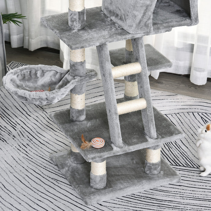 Plush Kitty Playhouse with Sisal Scratching Posts - 1.2m Multi-Level Cat Tree with Basket, Perch, and Condo - Ideal for Play, Rest, and Claw Health, Light Gray