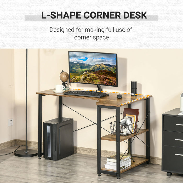 L-Shaped Study Workstation - Home Office Corner Desk with Dual Shelves and Steel Frame - Ideal for Work and Study in Rustic Brown