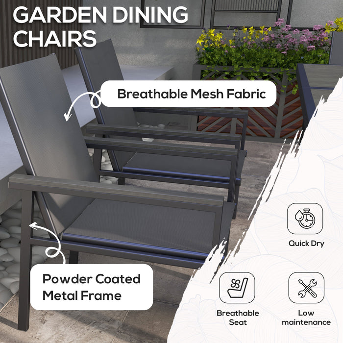 7-Piece Patio Dining Ensemble - Glass-Top Table & Breathable Mesh Fabric Chairs with Composite Wood Armrests - Ideal for Outdoor Feasts and Relaxation