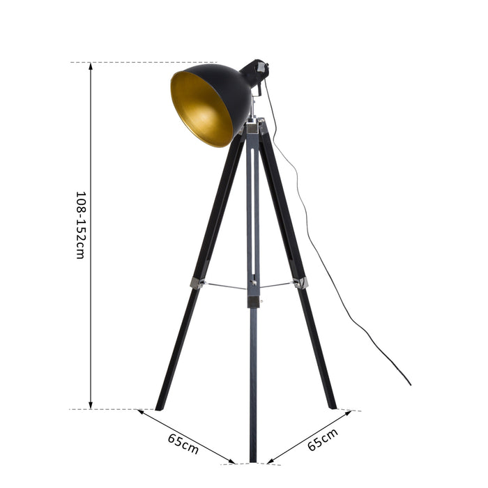 Tripod Spotlight Floor Lamp with Wooden Legs - Black and Gold Ø 30 cm Shade, 152cm Tall, Max 40W - Ideal for Studio Lighting and Home Ambiance