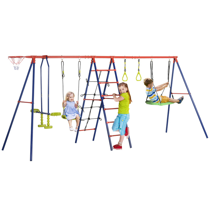 6-in-1 Outdoor Metal Garden Swing Set - Double Kids Swings, Climbing Frame, Glider, Trapeze, Basketball Hoop - Perfect Playset for Children's Backyard Entertainment